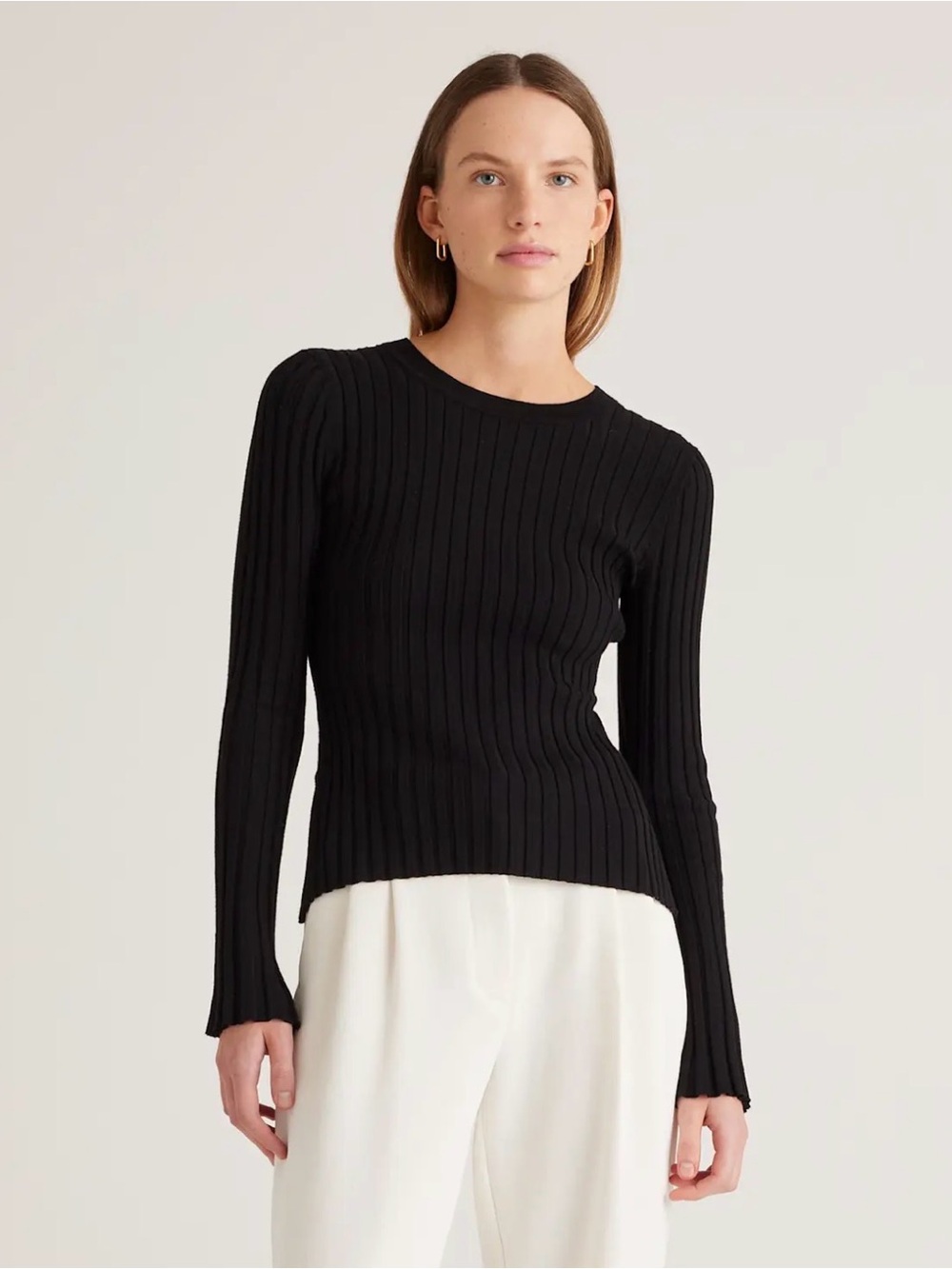 QUINCE Cotton Cashmere Ribbed Long Sleeves Black Sweater Medium